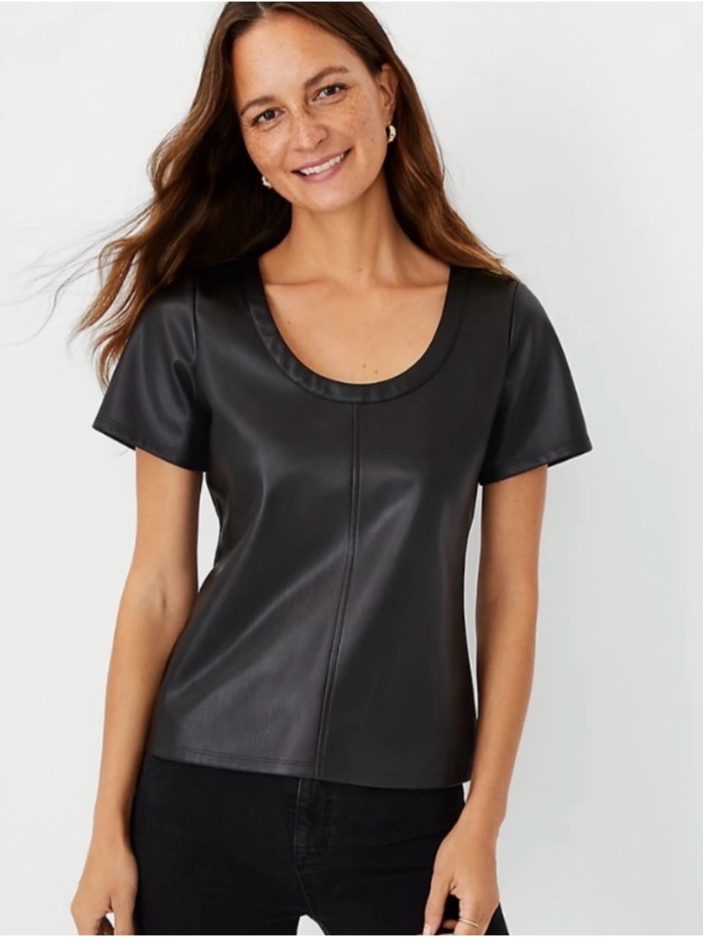 Ann Taylor Women's Faux Leather Scoop Neck Short Sleeve Top Black